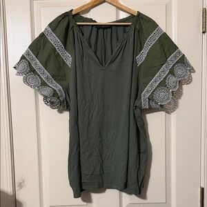 Lane Bryant Olive Blouse with Lace Accents
